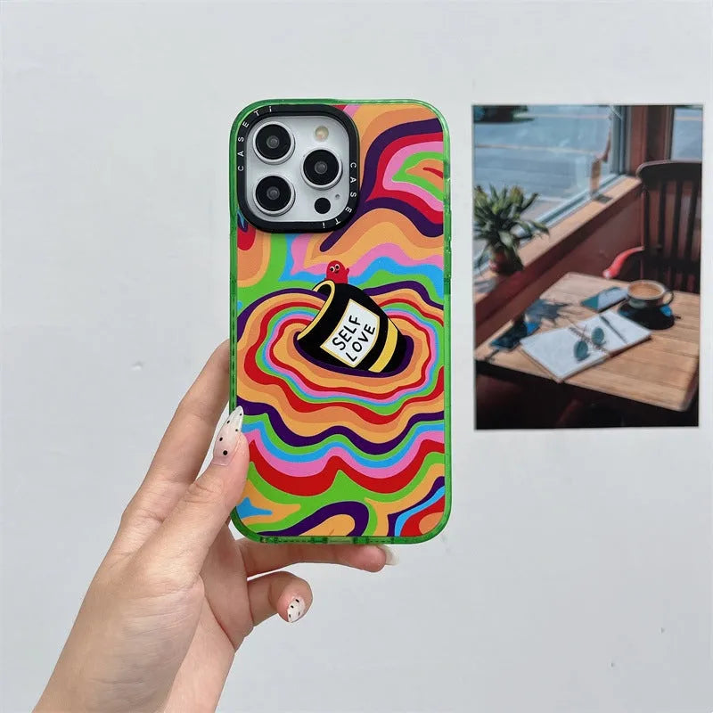 Green Love Yourself More glitter acrylic hard phone case for Apple iPhone models 11 to 15 Pro Max