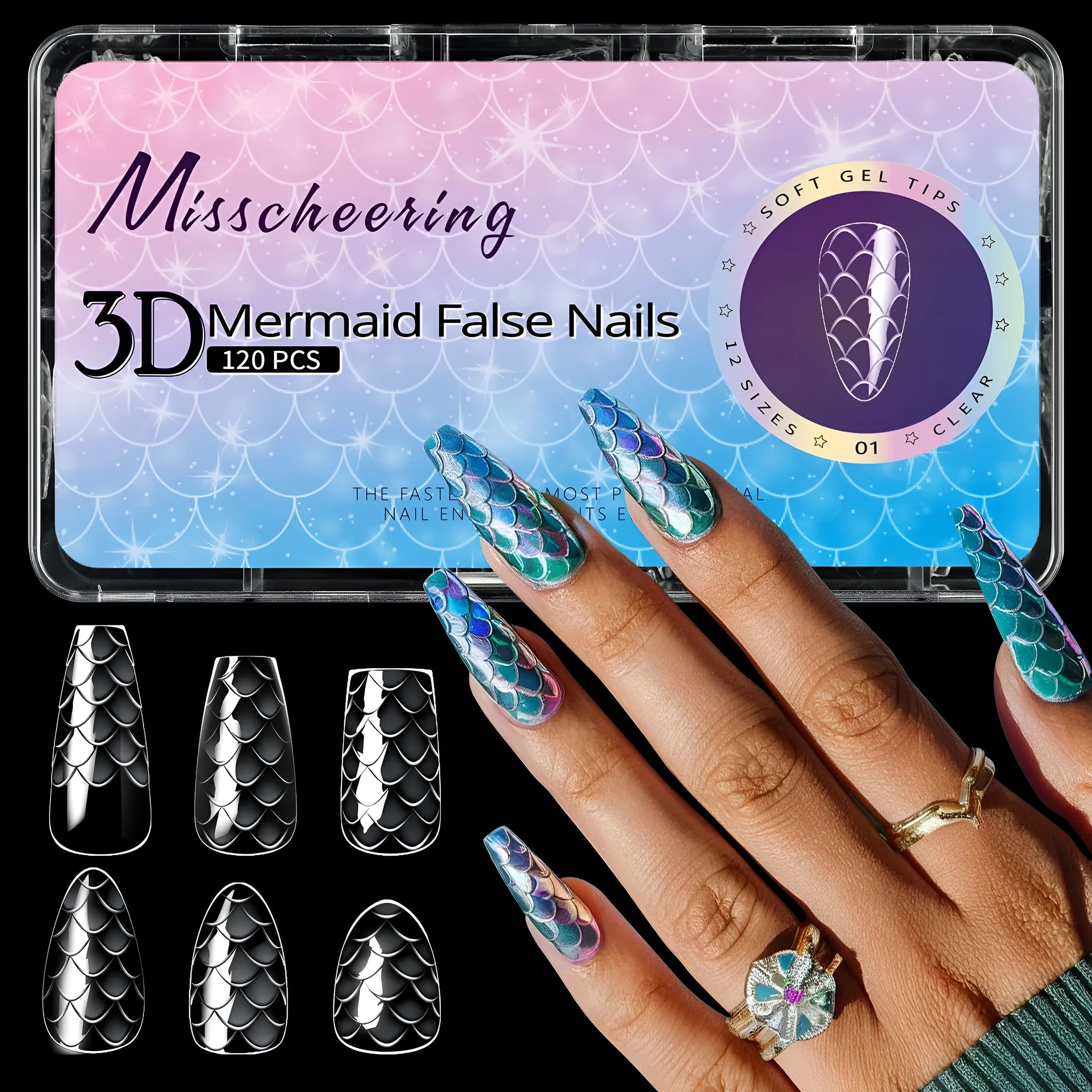 Box of 3D scale long shaping full cover nail tips showing colour-coded size options.