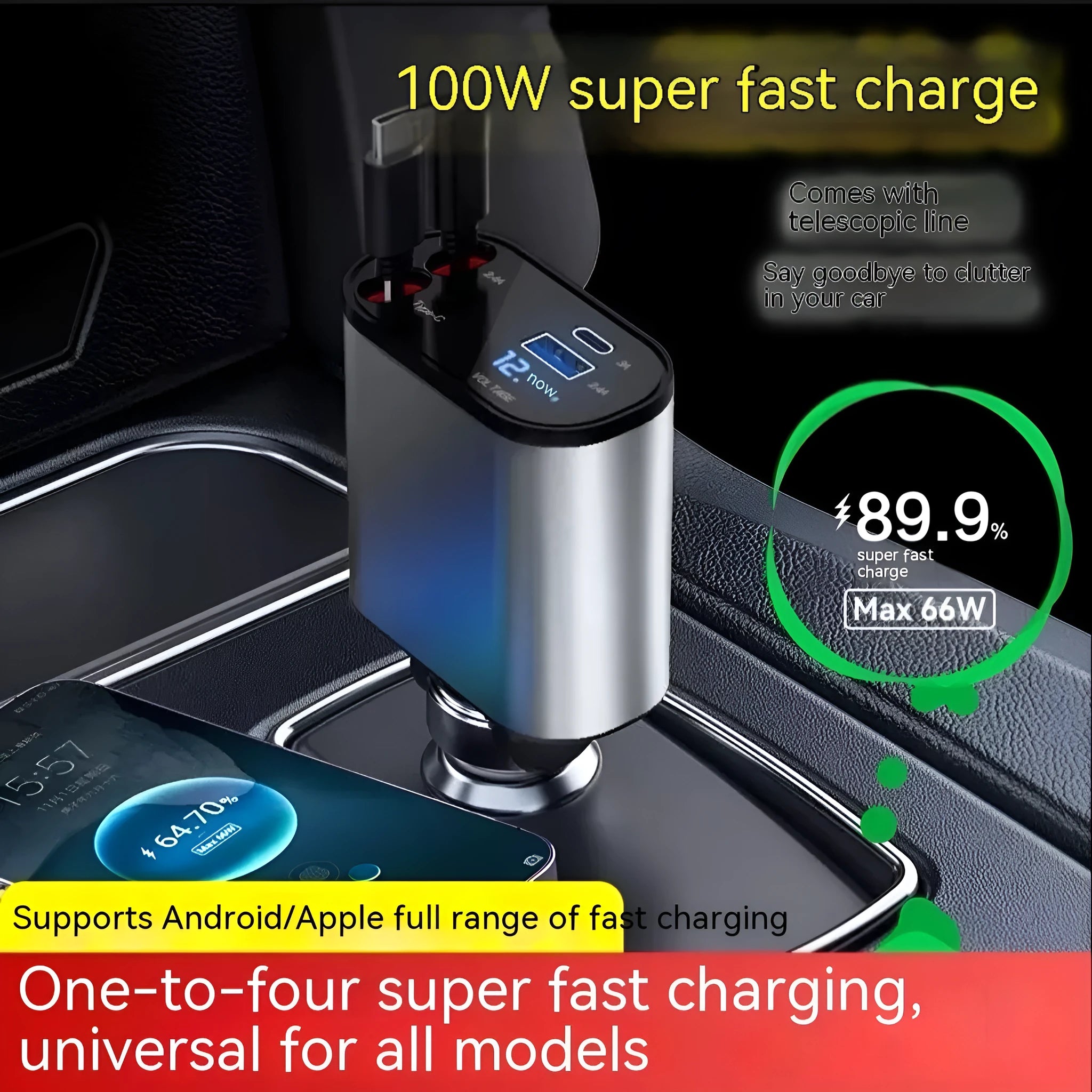 Automatic retractable cable car charger plugged into a vehicle cigarette lighter socket.