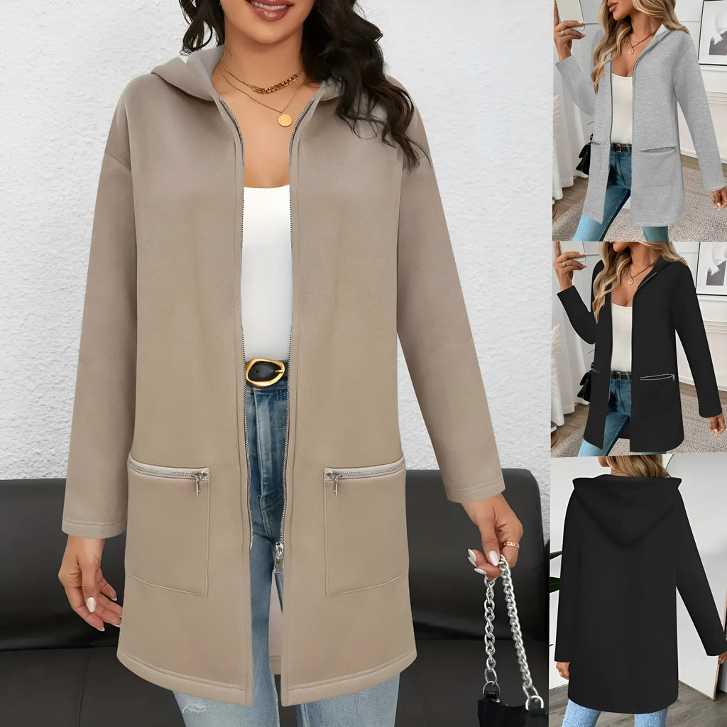Women's loose fit mid-length cardigan coat in casual polyester fabric with pockets