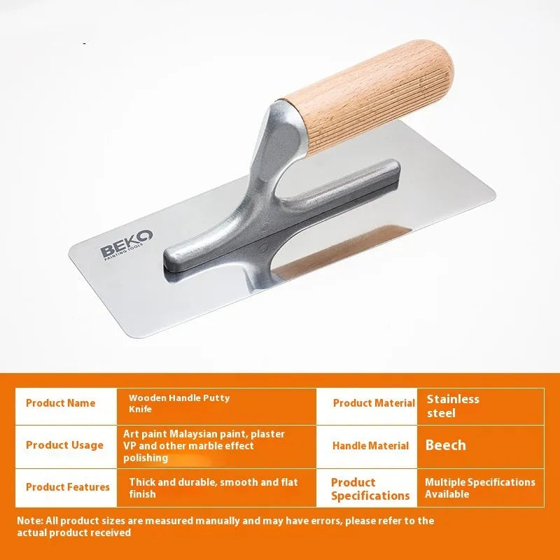 Stainless steel putty scraper with a wooden handle in three different blade sizes on a workbench.