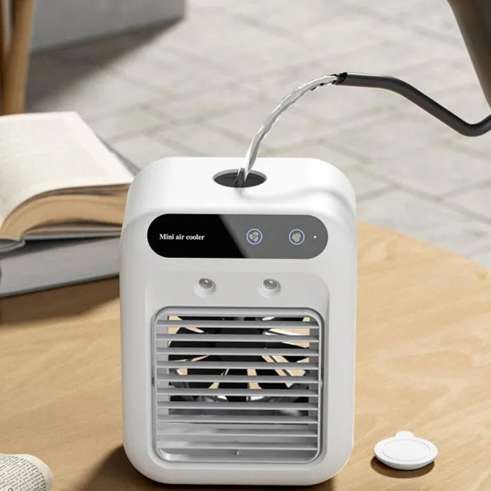 Ivory white portable USB air cooler fan with touchscreen controls and water tank