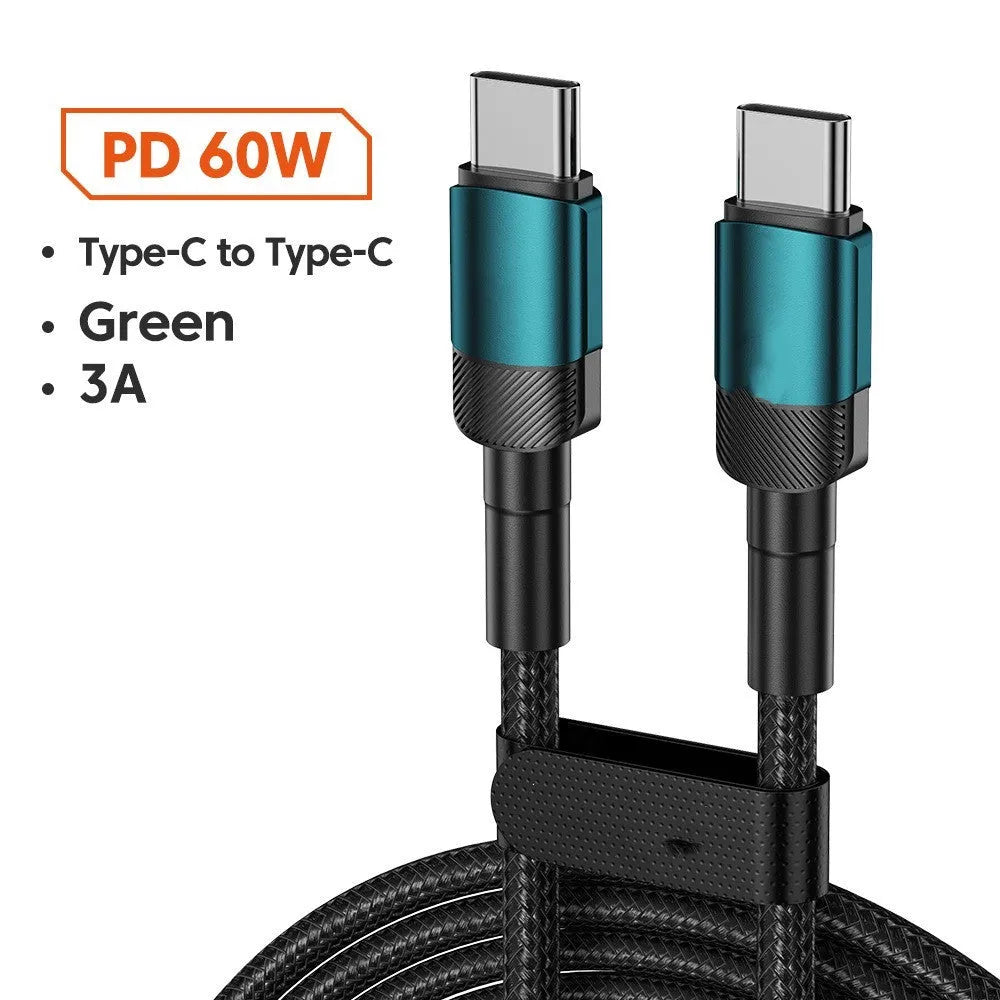 Aluminium alloy woven USB charging cable with 100W PD fast charging in black, blue, purple, or green
