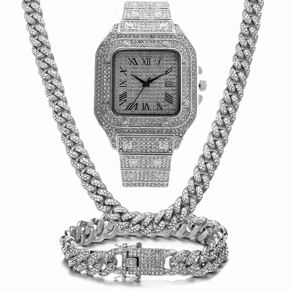 Roman numeral square watch with mesh band, bracelet, and necklace set in gold tone