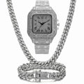 Roman numeral square watch with mesh band, bracelet, and necklace set in gold tone