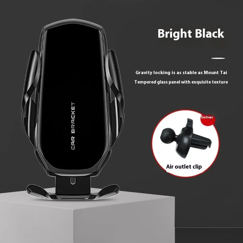 Car phone holder with wireless charging clipped to air vent, black colour