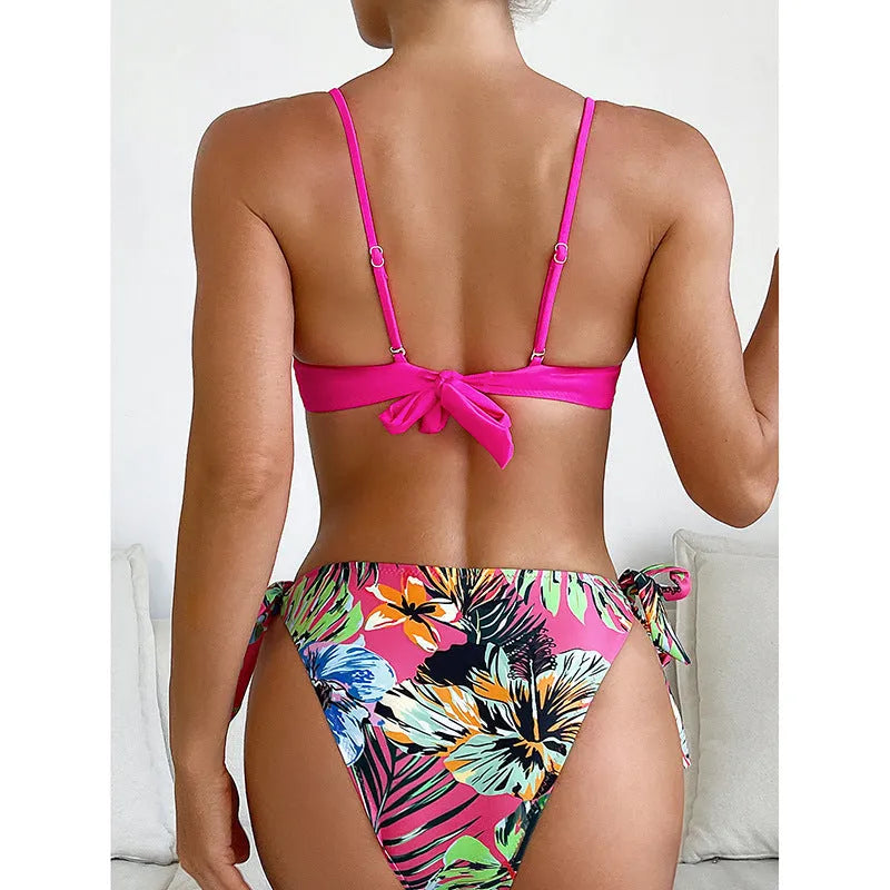 Rose red women's bikini swimsuit with braid rope decorative detailing on the fabric.
