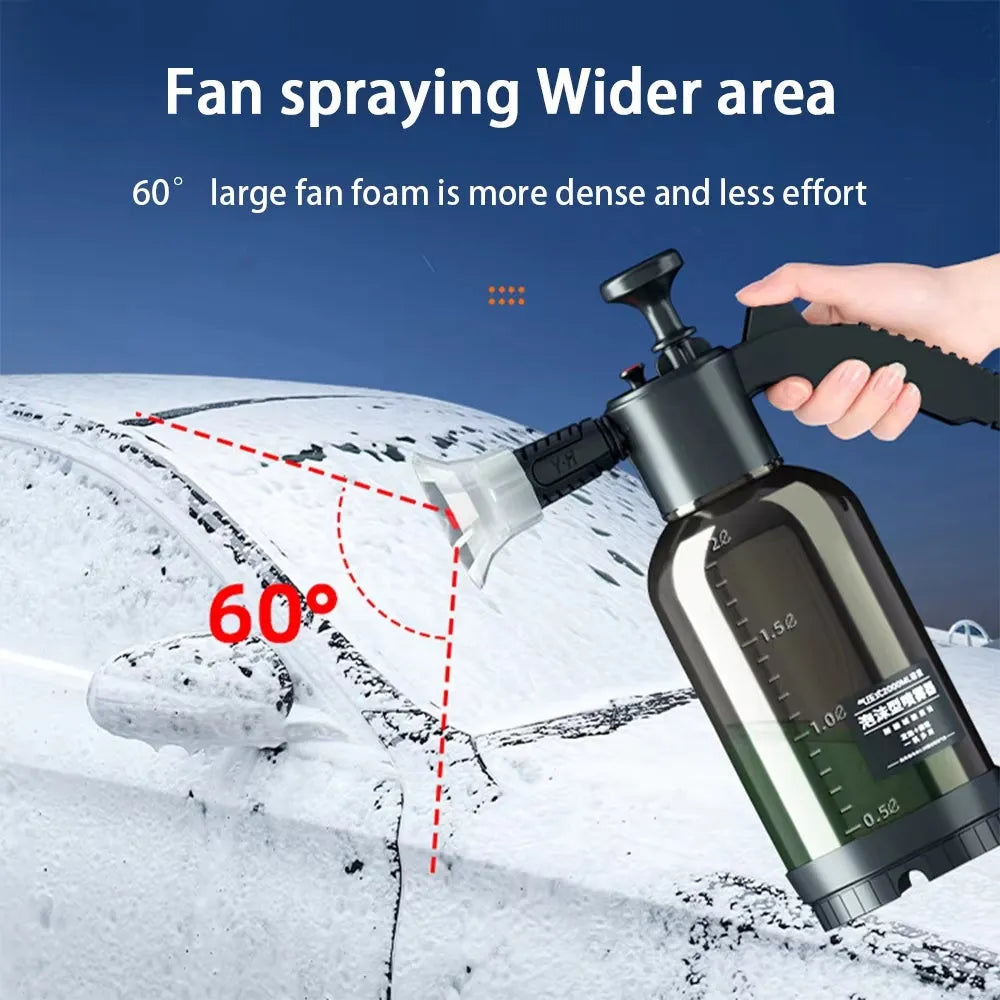 2L black manual car wash foam sprayer with hand-press pump, fan nozzle, and explosion-proof PP body
