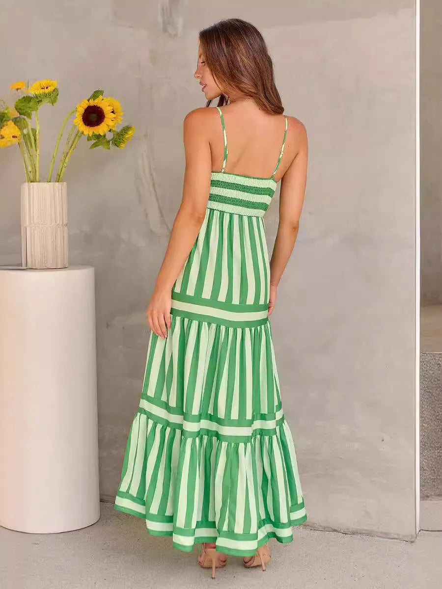 Women's striped backless summer dress with square neckline and side pockets in stretch fabric