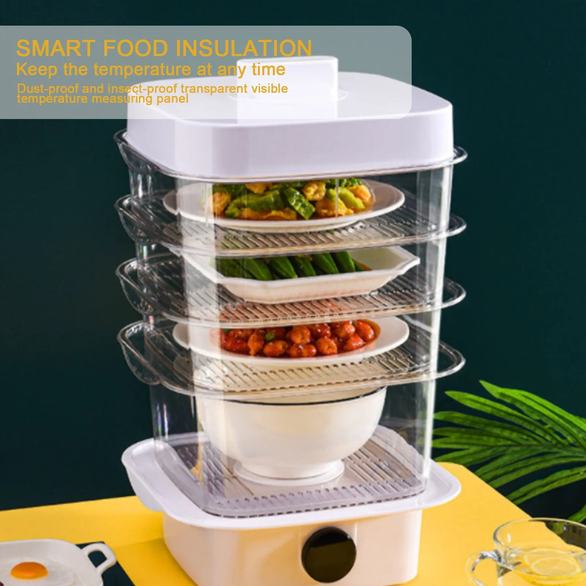 Multi-layer transparent plastic dish cover with temperature display in white colour
