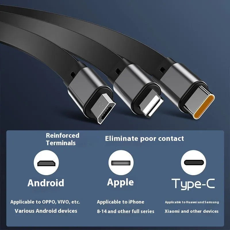 Three-in-one telescopic data cable with 100W super fast charge, grey black, mini USB interface