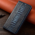 Genuine leather flip phone case for iPhone with embossed texture and magnetic closure