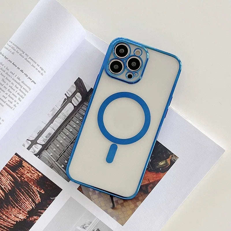 Magnetic charging iPhone case with plated frame in royal blue, black, red, gold, green, silver, or purple.