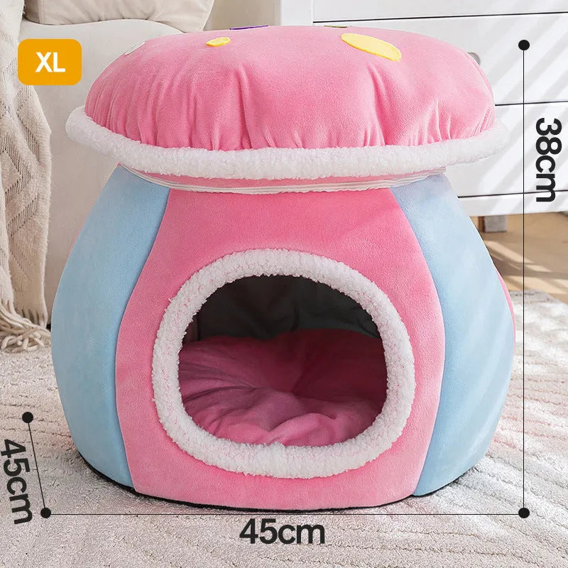 Grey mushroom-shaped plush cat bed with a detachable blanket and rabbit plush lining
