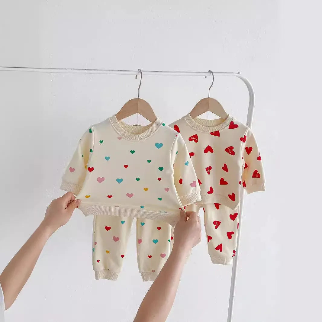 Cotton baby two-piece suit with coloured loving heart top and trousers for 73-110cm toddlers