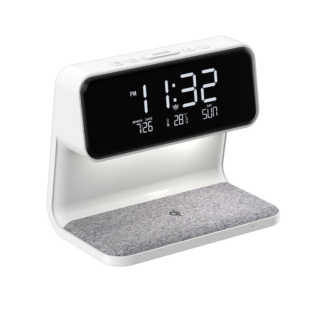 White 3-in-1 bedside lamp with wireless charging pad, LCD clock display, and touch controls.
