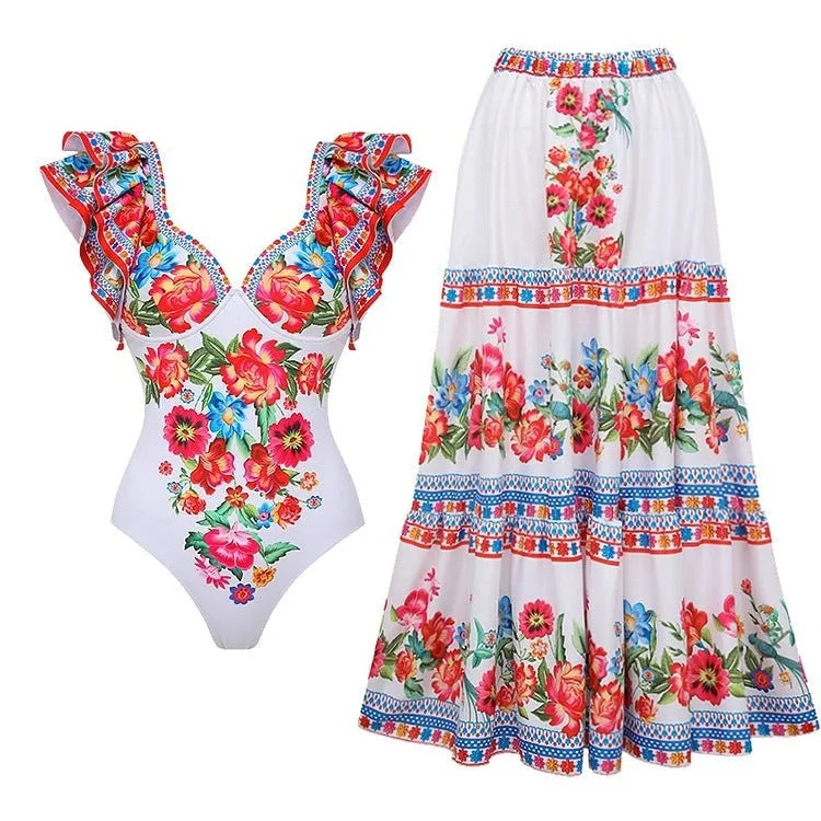 Women's printed one-piece swimsuit in polyester fabric available in multiple colours and adult sizes