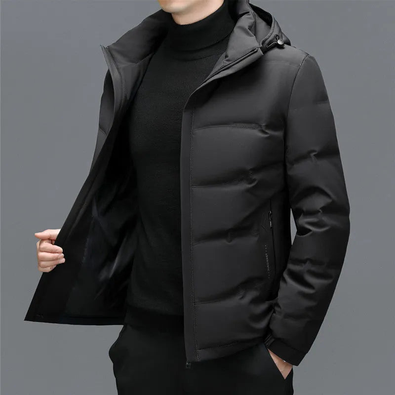 Men's thick down jacket detachable hooded in black, loose fit with white duck down filling, polyester shell