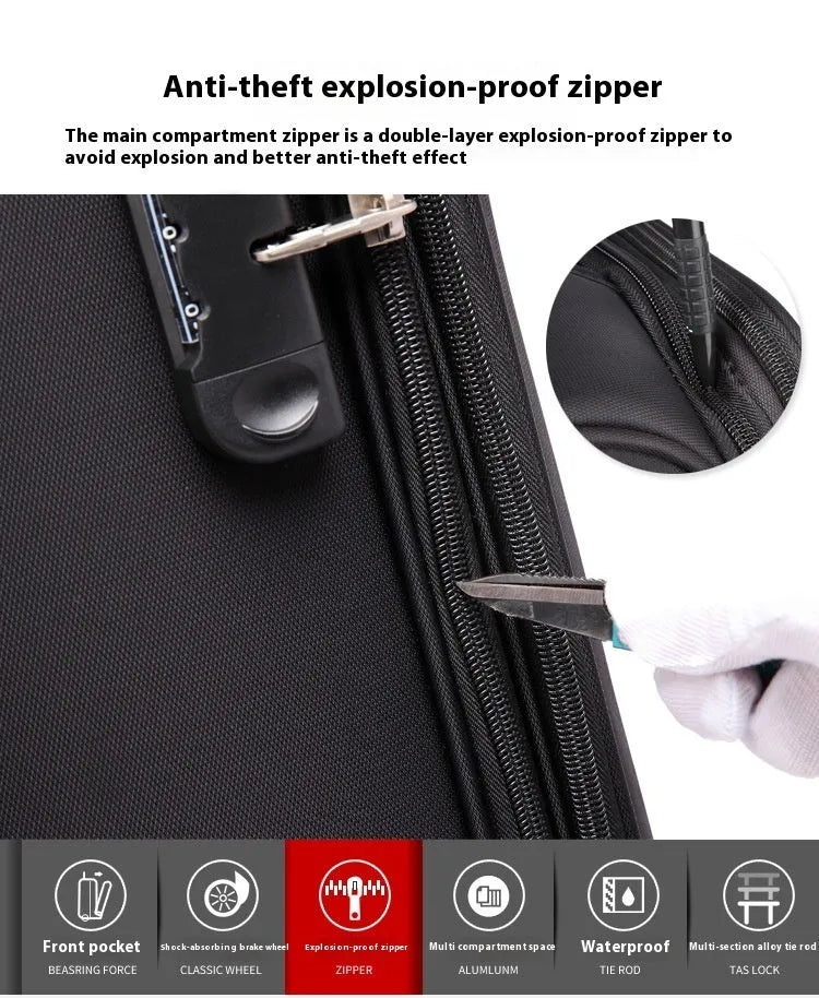 18-inch black Oxford cloth carry-on suitcase with telescopic handle and four spinner wheels.