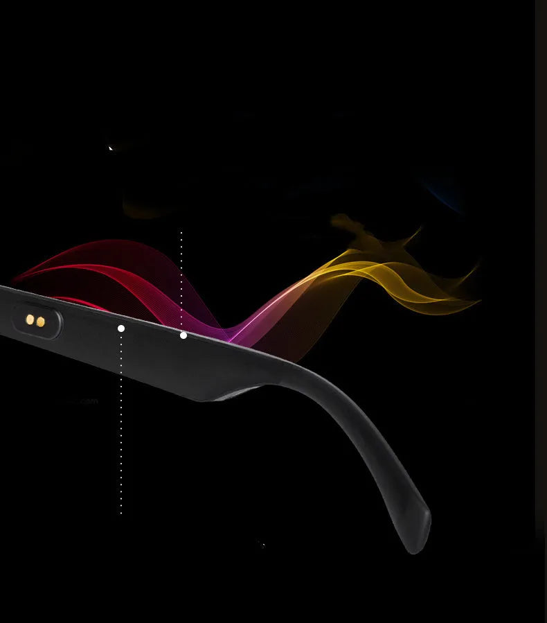 Unisex Bluetooth compatible smart glasses with open-ear design on a glasses case, with USB cable.