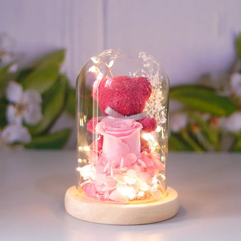 Preserved rose teddy bear ornament in glass dome with LED light, 11.5cm diameter and 16.8cm height