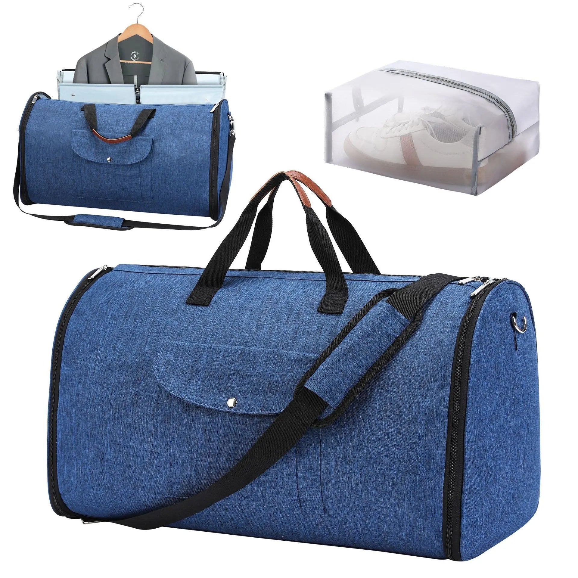 Dark blue Oxford cloth duffel bag with 36-55 litre capacity for business travel