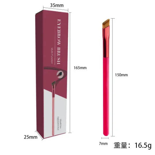 Square angled eyebrow stamp brush with synthetic fibre bristles and an ergonomic brown handle on a white background.