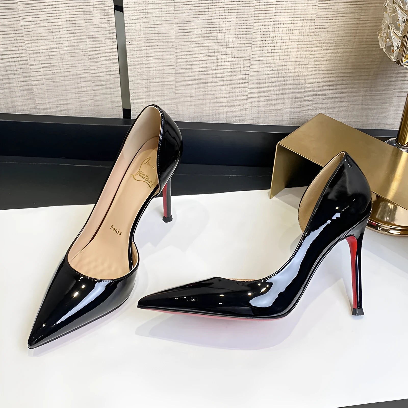 Side empty nude patent leather pointed toe women's high heels with 10cm stiletto heel