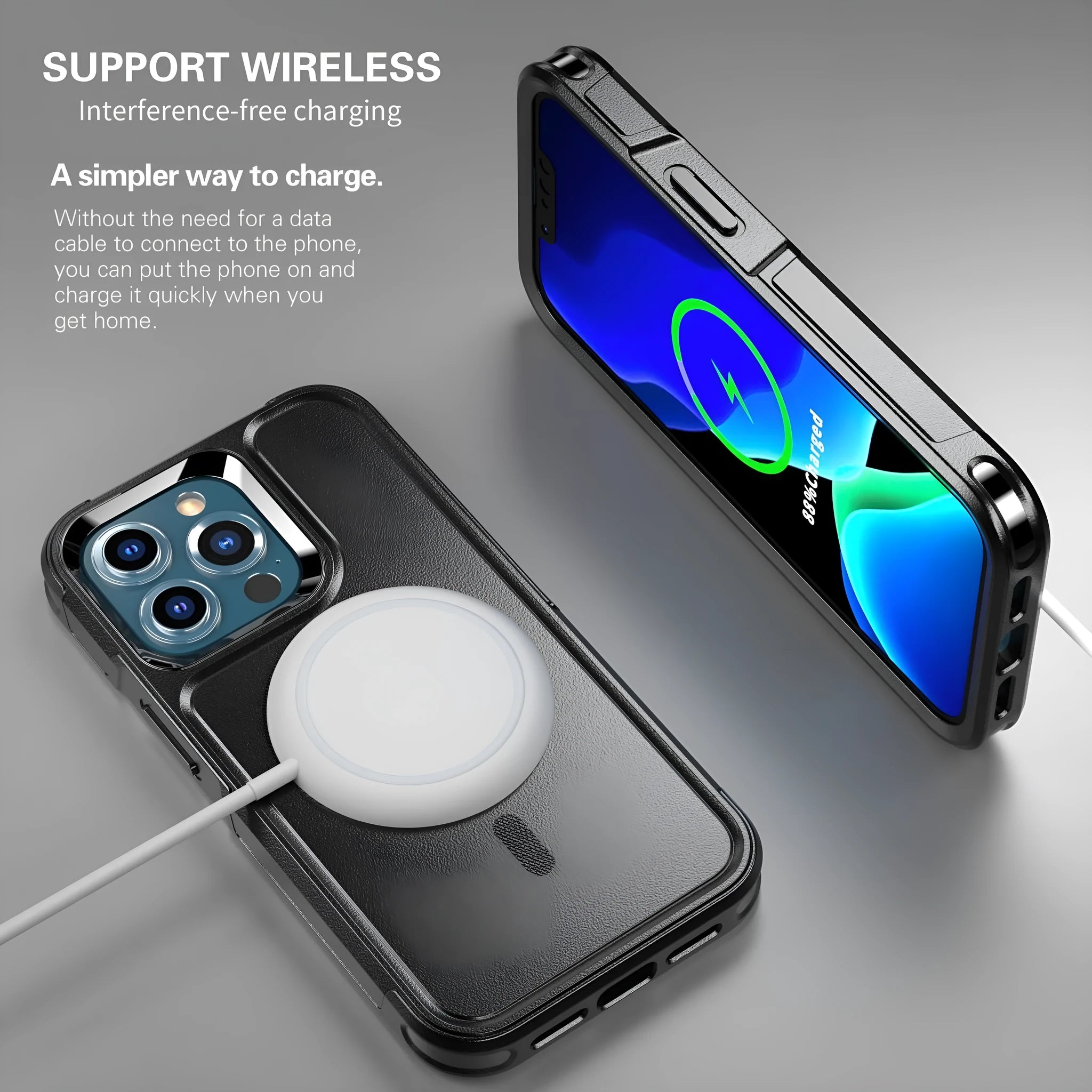 Black shatterproof magnetic iPhone case for iPhone 12 and iPhone 13 models with PC+TPU construction