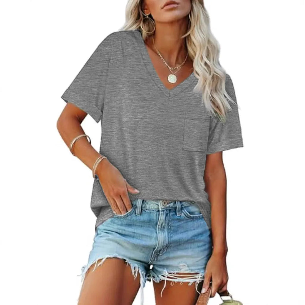 Grey loose fit V-neck t-shirt with a chest pocket on a solid background