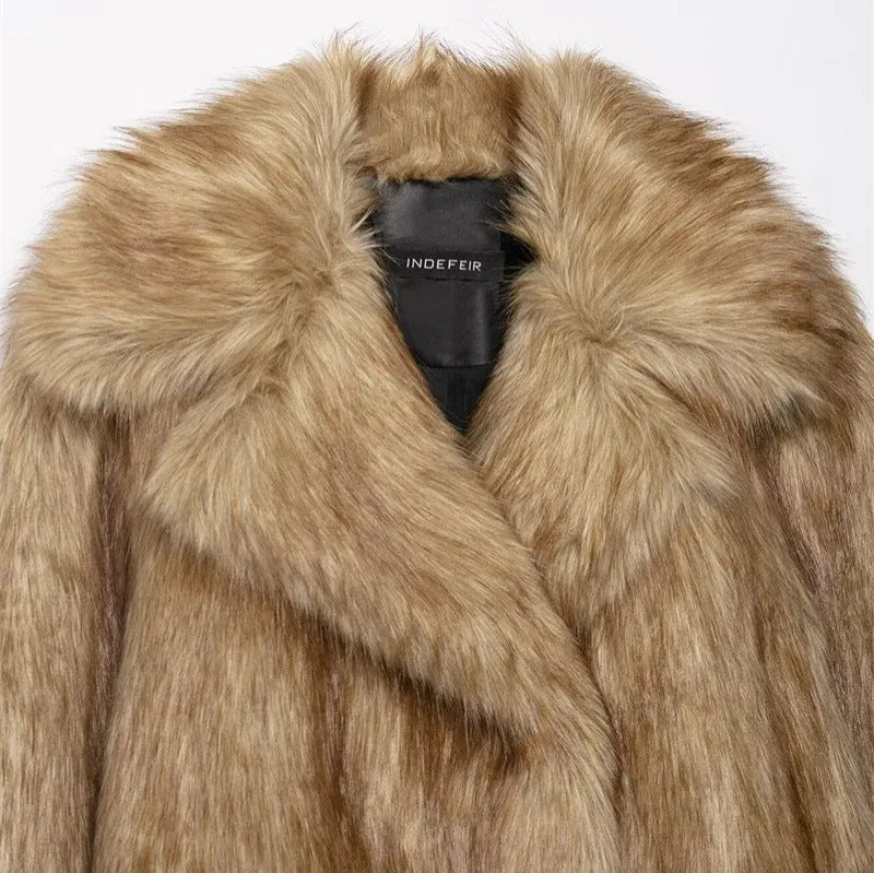 Women's brown artificial fur effect short coat with long sleeves, casual style, sizes XS to L
