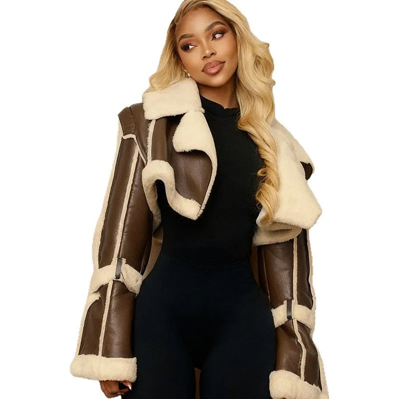 PU leather patchwork crop top with fur collar, long sleeves, in black, brown, military green, or khaki