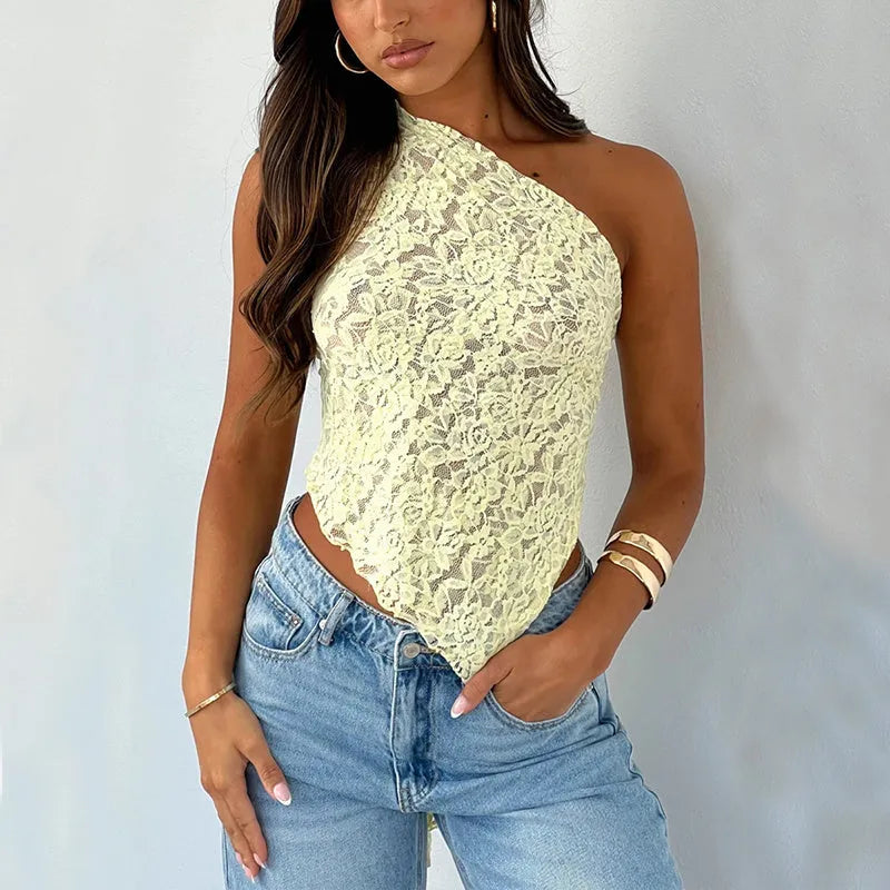 Women's slim fit lace backless sleeveless vest in a solid colour with an asymmetrical neckline.