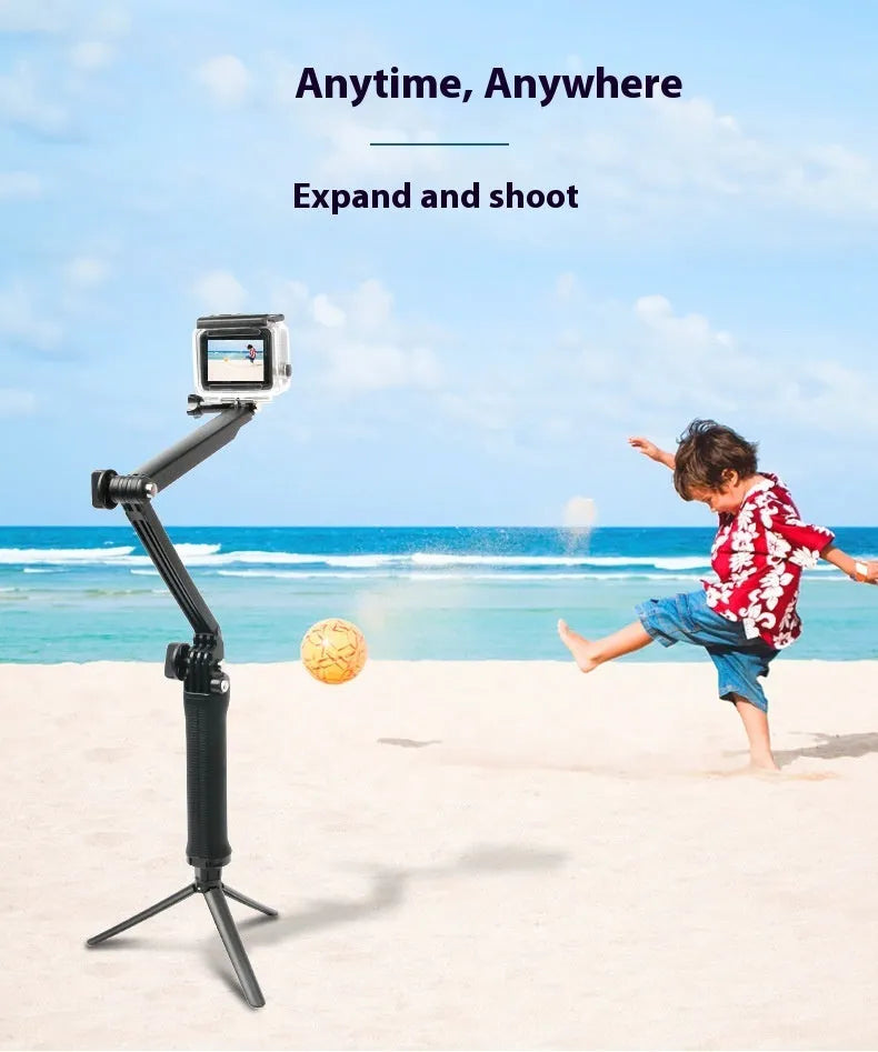 Black portable folding tripod for GoPro action cameras with collapsed storage design