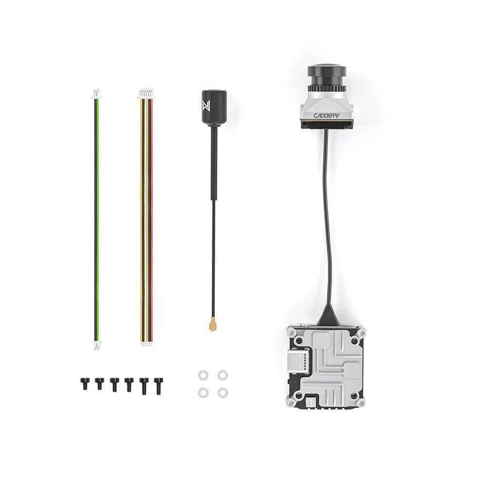 Silver Caddx ADAPTS DJI FPV digital image transmission unit with mounting screws and cables.