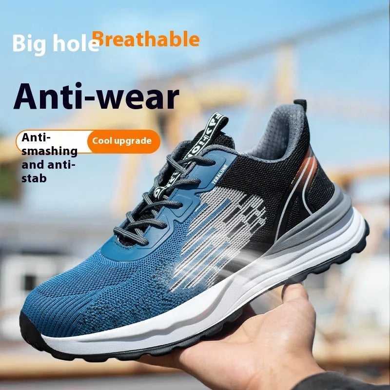 Blue men's safety work shoes with mesh upper, plastic toe cap, and lace fastening.