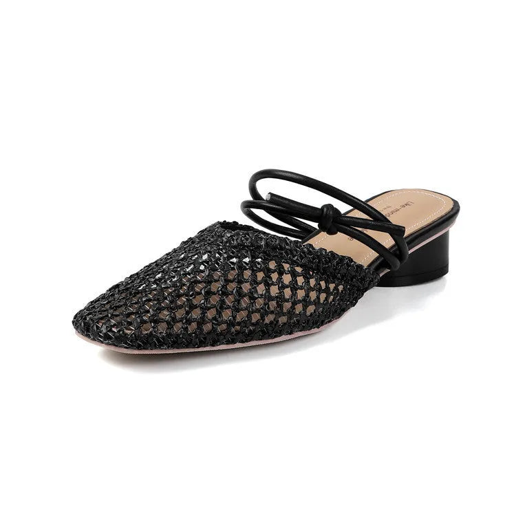 Women's French style square toe outdoor slippers with hollow-out breathable design and chunky retro heel