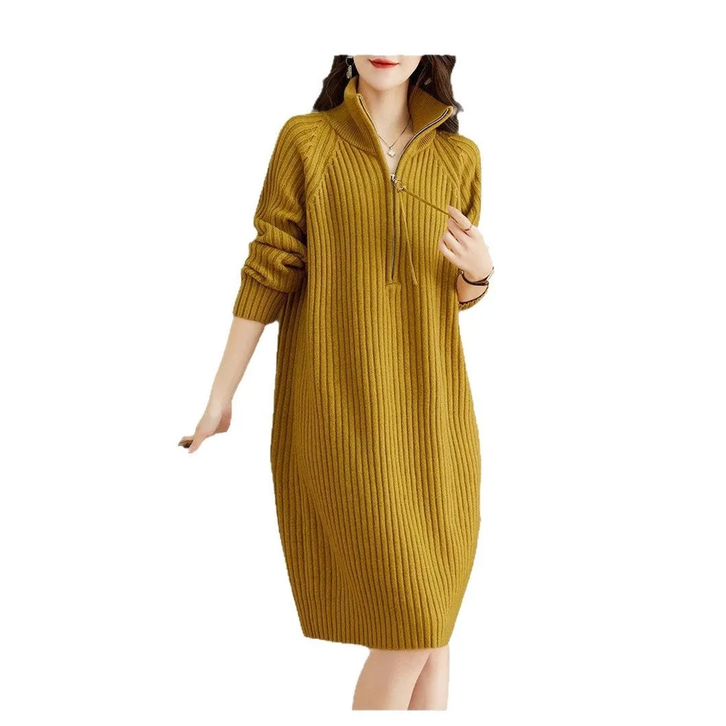 Beige half zip stand collar straight skirt with long sleeves on a mannequin