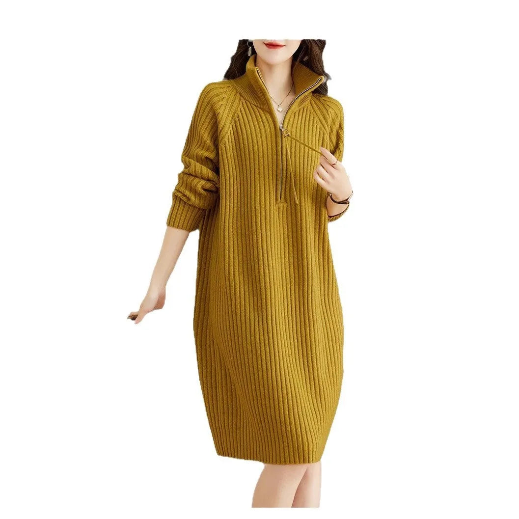 Beige half zip stand collar straight skirt with long sleeves on a mannequin