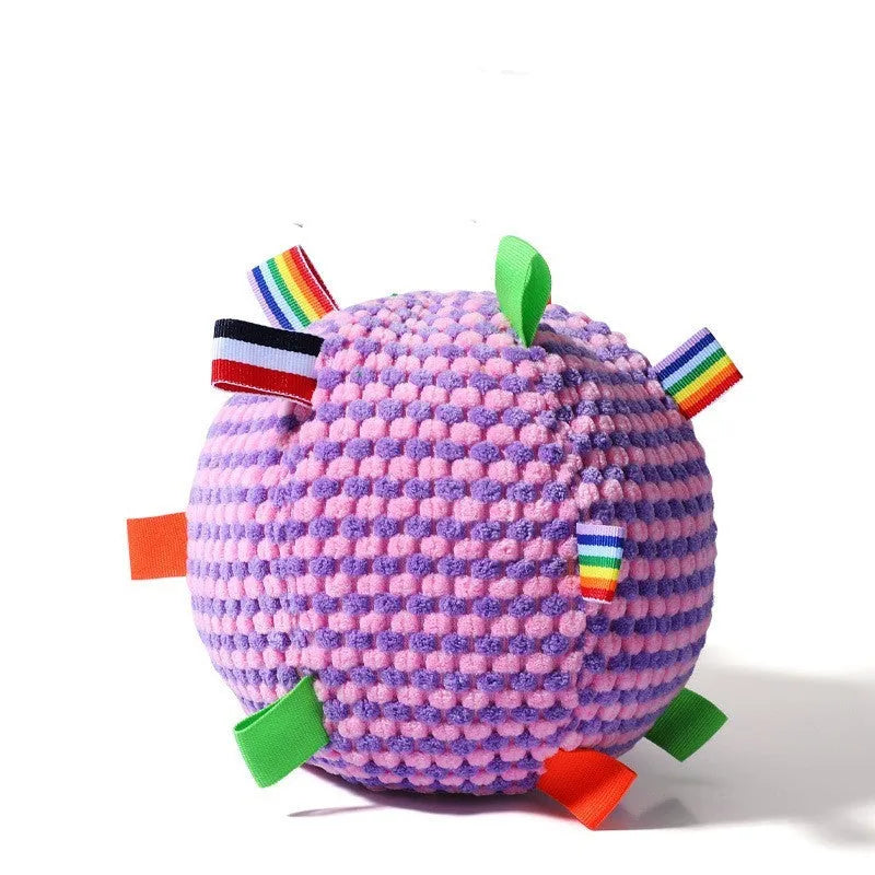 Blue and yellow durable pineapple lattice dog ball toy with ring rolling design, approx 17 cm diameter.