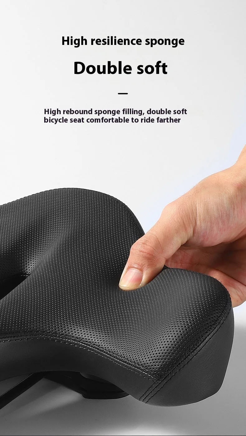 Black leather bicycle saddle cushion with thick foam padding for mountain bikes.