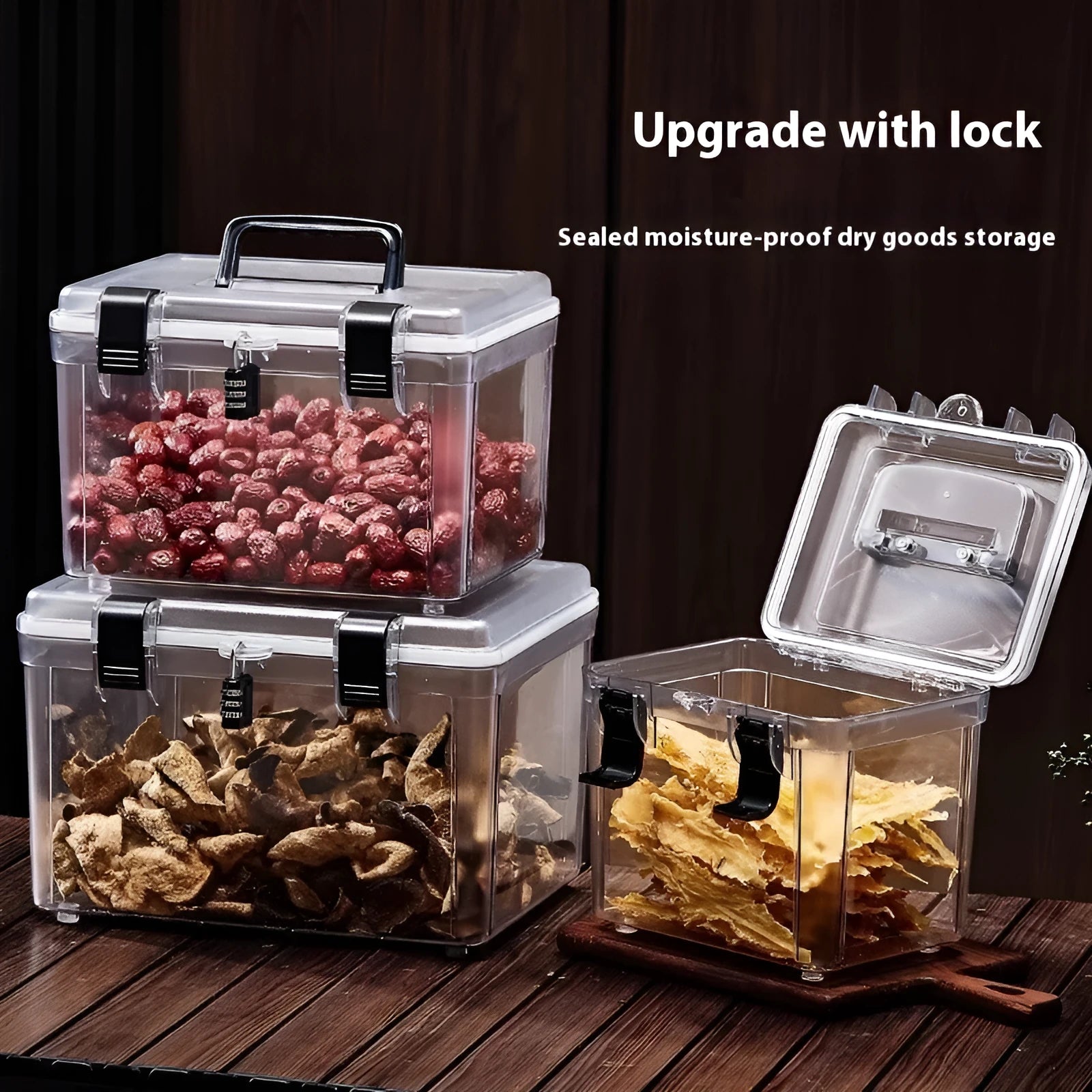 Transparent acrylic plastic storage box with a lockable lid, shown in 4L, 8L, and 11L size options.