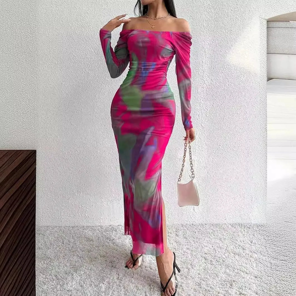 Women's printed mesh fishtail dress with gradient colour pleats and square collar