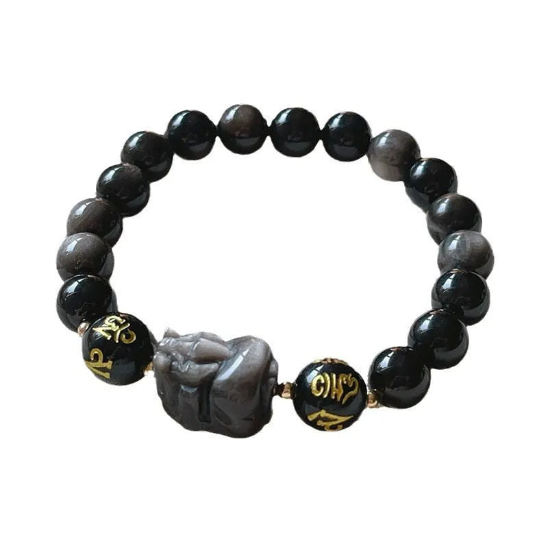 Natural silver stone bracelet for men with engraved zodiac symbols and beaded design
