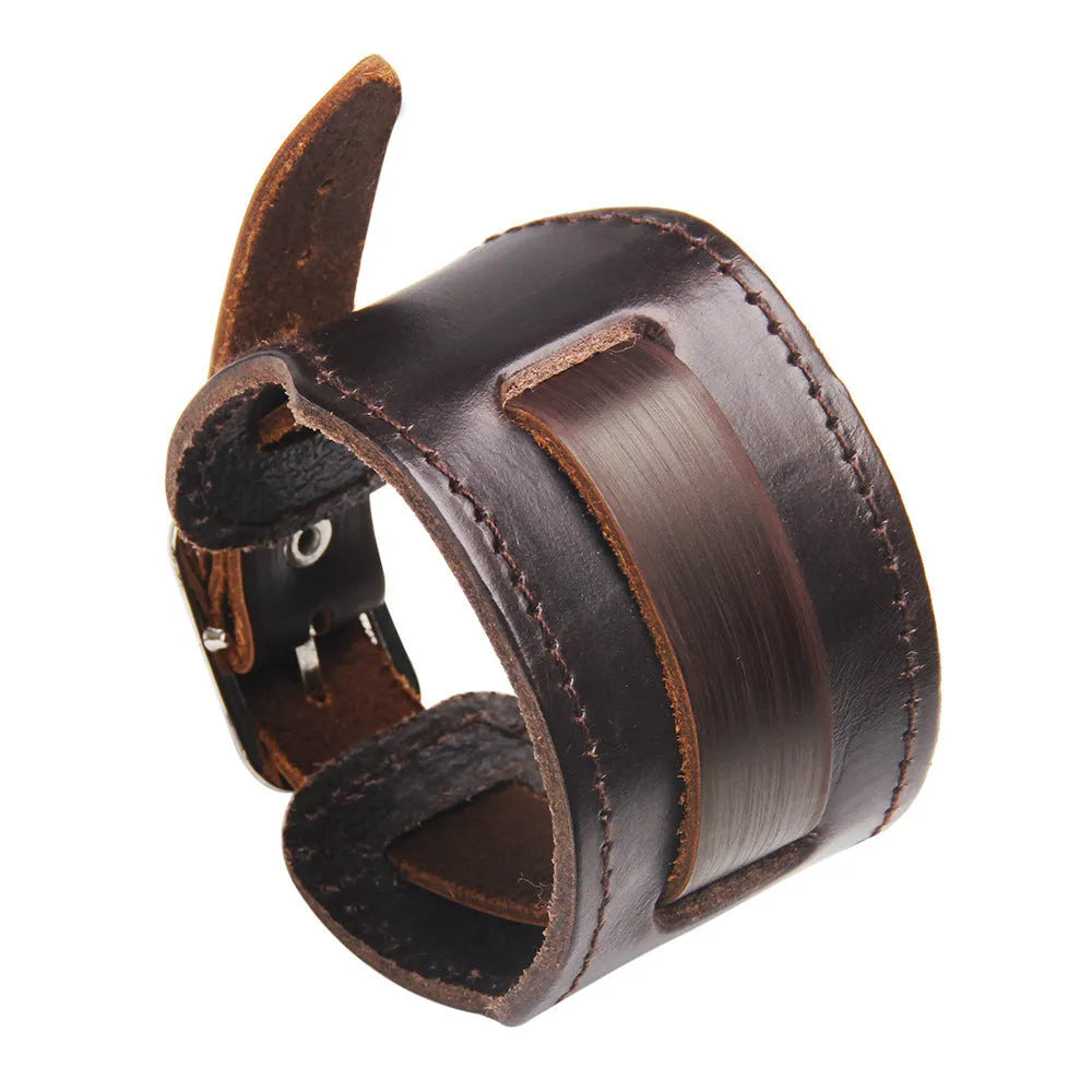 Simple wide cowhide leather bracelet in black and brown, geometry shape, unisex accessory