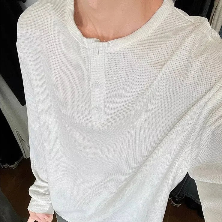 Men's black American Henry collar long-sleeved top loose fit chemical fibre blend pullover solid colour