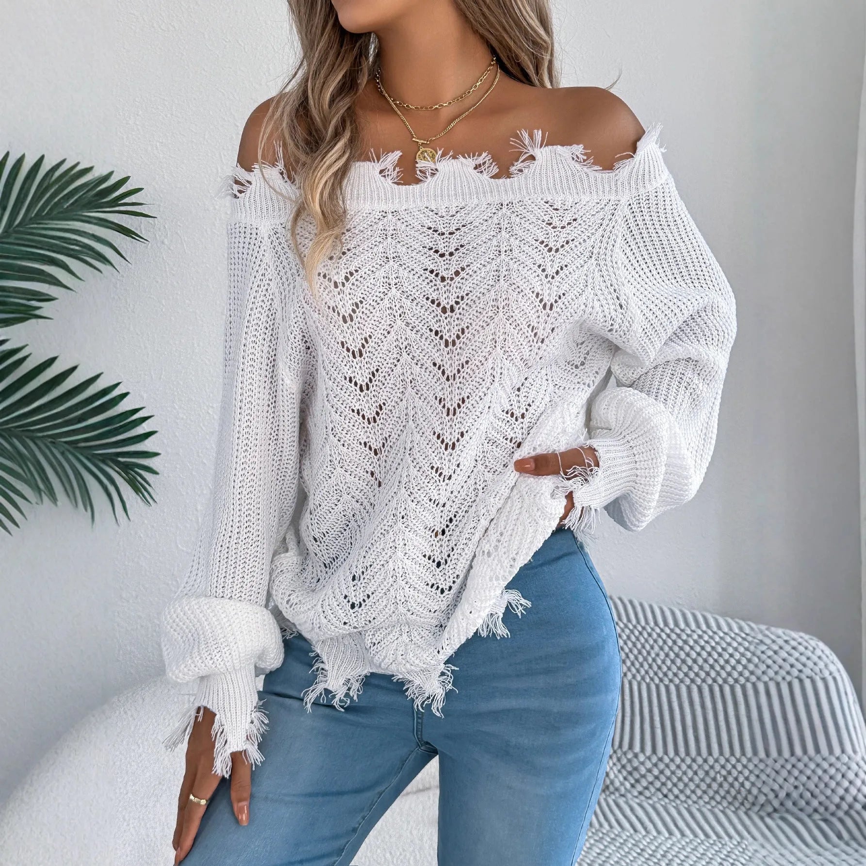 Women's hollow-out cut-off shoulder pullover sweater in acrylic fibre fabric