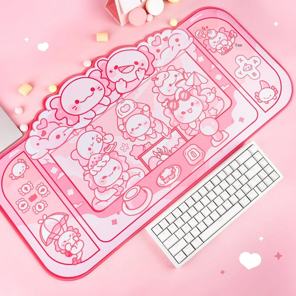 Hexagonal dragon crane machine cartoon anime print on a large 75x40 cm black cloth mouse pad with wrist rest.