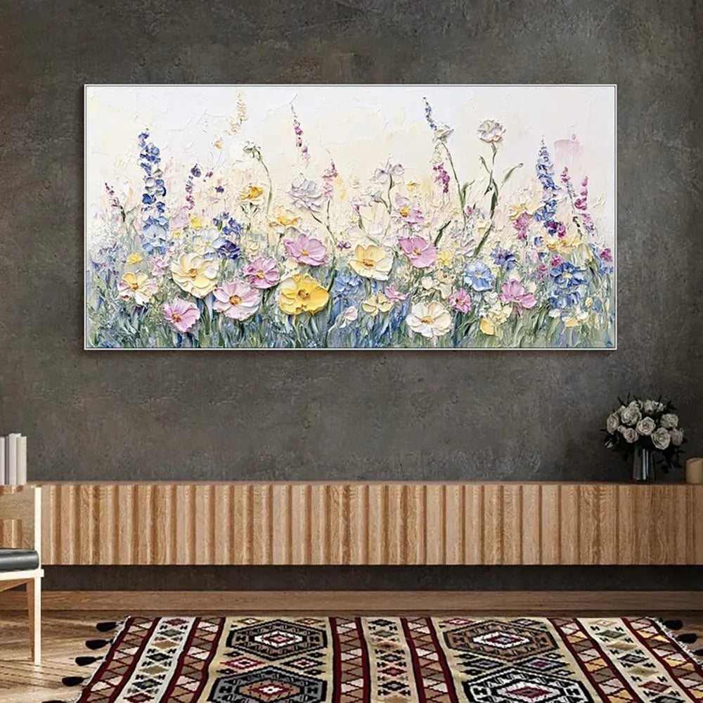 Handmade oil painting canvas wall art with 3D palette knife flowers in modern style, horizontal orientation, frameless and rolled