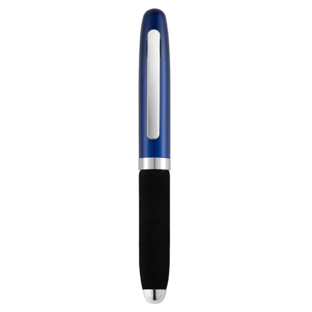 Compact silver metal ballpoint pen with black EVA-textured cap, shown with 1.0mm tip and assorted ink refills.